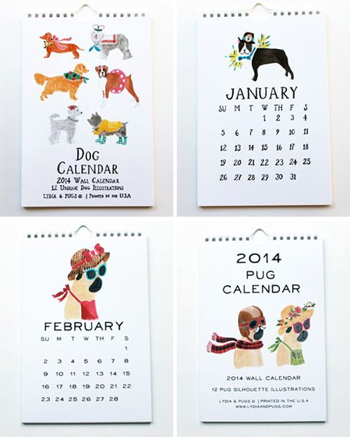 Calendriers illustrés pour chiens 2014 par Lydia & Pugs