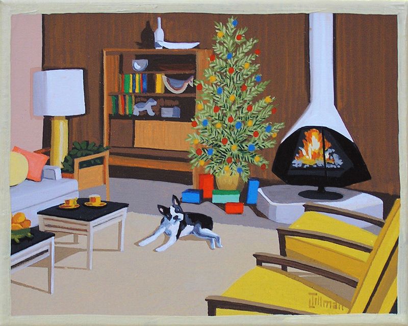 Peintures de Noël de chiens du milieu du siècle par Linda Tillman
